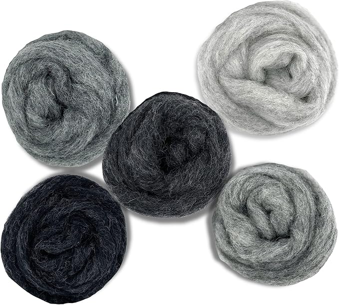 Corriedale Carded Sliver Wool Roving Variety Bundle | Best Core Wool for Needle Felting, Spinning, Wet Felting, Weaving, Dryer Balls, Yarn Roving - Ethically Sourced (Grey Spectrum)