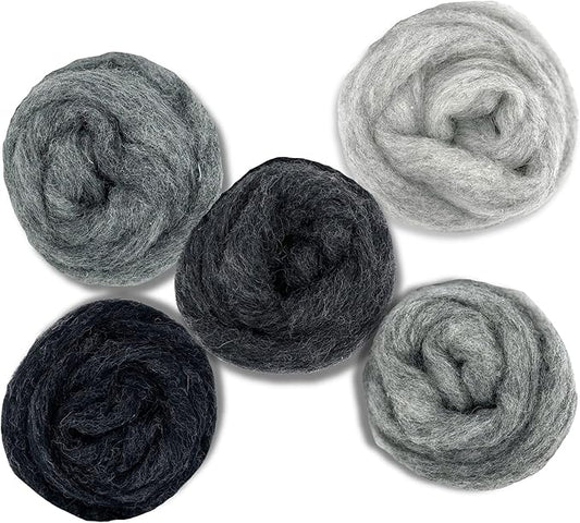 Corriedale Carded Sliver Wool Roving Variety Bundle | Best Core Wool for Needle Felting, Spinning, Wet Felting, Weaving, Dryer Balls, Yarn Roving - Ethically Sourced (Grey Spectrum)