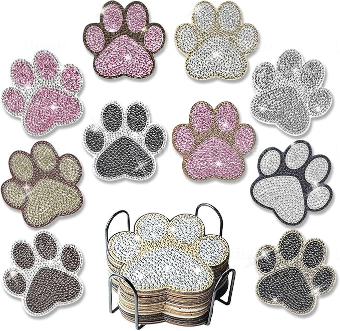 10 pcs Diamond Painting Coasters | Diamond Art Coasters | Dog Paw Diamond Art Painting | Perfect Art Craft Gift for Dog Lover, Dad, Mom, Grandparents, Brother, Sister.