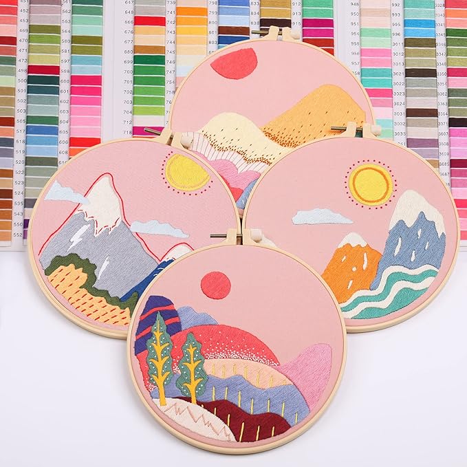 harimau 4pcs beginner embroidery kit,natural landscape pattern,cross stitch kits, including stamped embroidery cloth with 2 embroidery hoops, multicolor color threads for embroidery kits