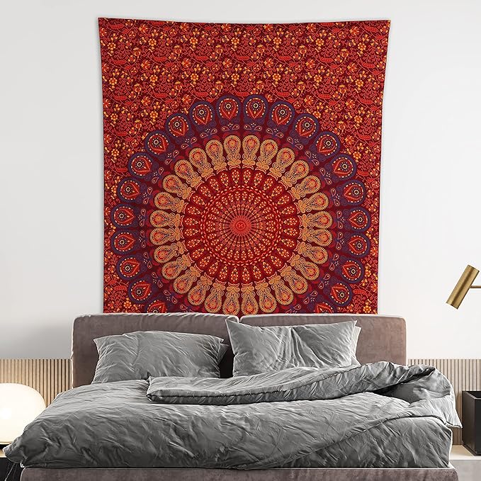 bless international indian hippie bohemian psychedelic golden blue peacock mandala wall hanging bedding tapestry (golden brown maroon, medium (54x60inches)(137x152cms))