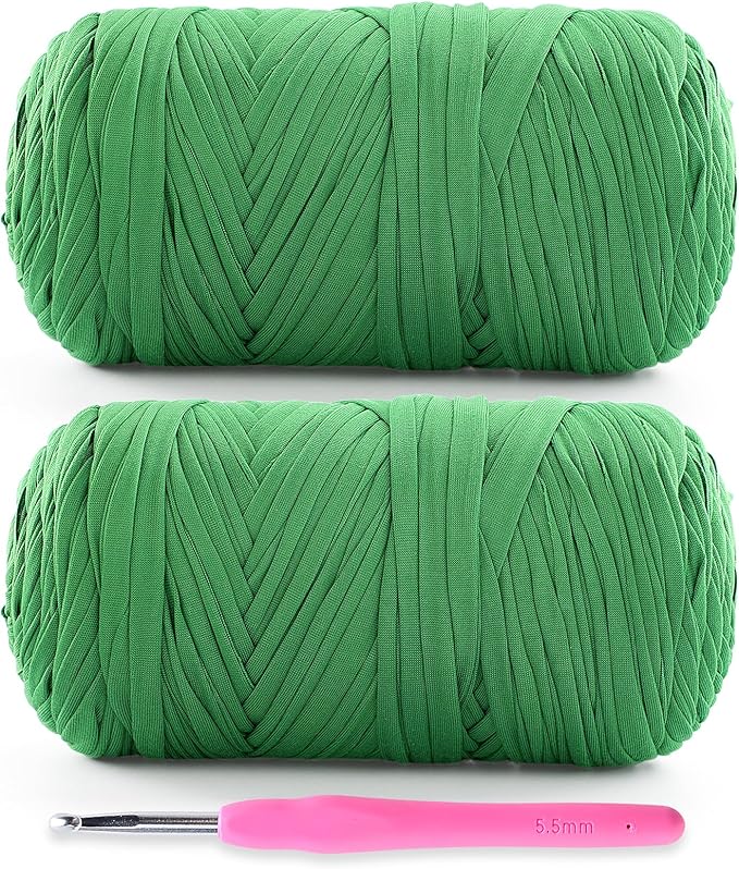 2 Pack Soft T-Shirt Yarn for Crochet, T Shirt Yarns for Crocheting Crafts, Bags, Basket, Coaster, Tshirt Yarns - 800 G/260 Yds with 1 Crochet Hook (2, Grass Green)