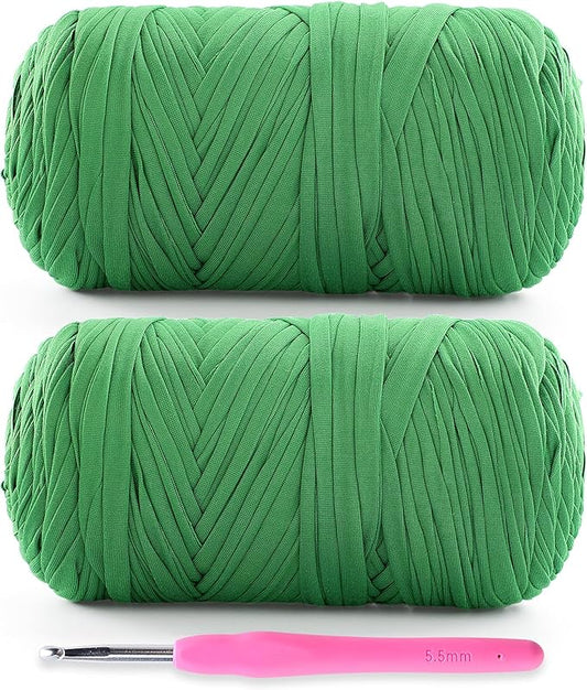 2 Pack Soft T-Shirt Yarn for Crochet, T Shirt Yarns for Crocheting Crafts, Bags, Basket, Coaster, Tshirt Yarns - 800 G/260 Yds with 1 Crochet Hook (2, Grass Green)