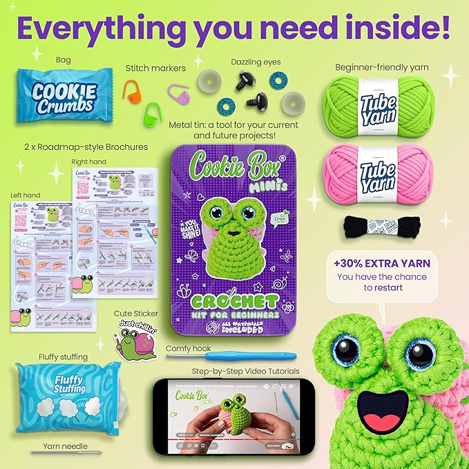 Cookie Box MINIs Crochet Kit for Beginners – Gift Set to Make Snail Dora Amigurumi Plushie – Easy DIY Crochet & Knitting Starter Kit with Printed Instructions & Step-by-Step Video Tutorial
