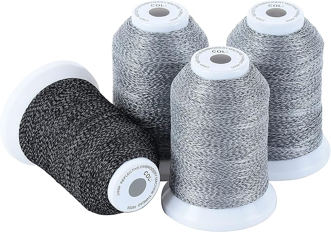 New brothread 4 Spools Reflective Embroidery Machine Thread (3 White +1 Black) 30WT 500M(550Y) Each Spool for Embroidery, Quilting and Sewing