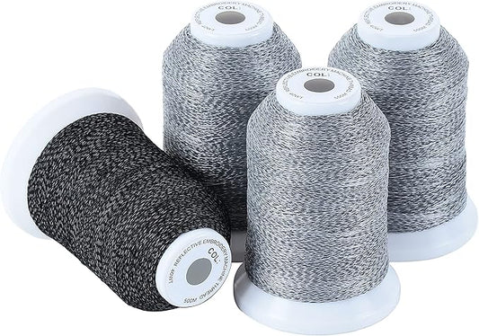 New brothread 4 Spools Reflective Embroidery Machine Thread (3 White +1 Black) 30WT 500M(550Y) Each Spool for Embroidery, Quilting and Sewing