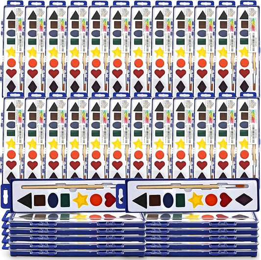 color swell bulk watercolor paint set – 36-pack with 8 washable colors & shape learning tools – includes strong wood brushes for kids