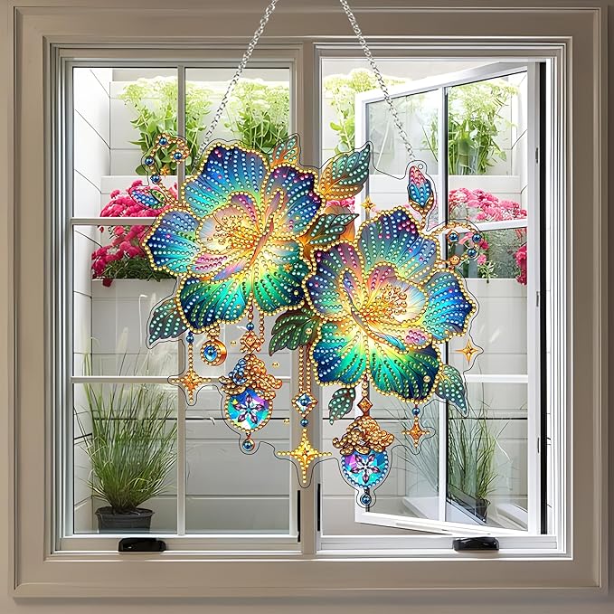 JJFox Diamond Art Hanging Kit for Adult,Special Shaped Rhinestone,DIY Acrylic 5D Diamond Art Painting Window Pendants Home Garden Wall Hanging Kits Hanging Ornament (Flower)