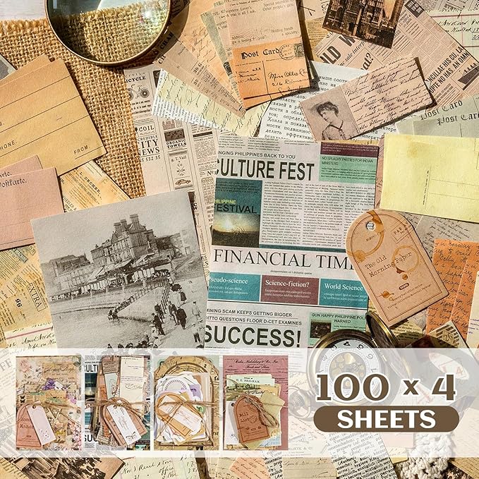 400Pcs Scrapbook Supplies Kit,4 Pack of Vintage Scrapbook Paper for Planner Bullet Junk Journal Supplies, Decoupage Paper Card Making Supplies and Scrapbooking Supplies DIY Mixed Media Collage Card