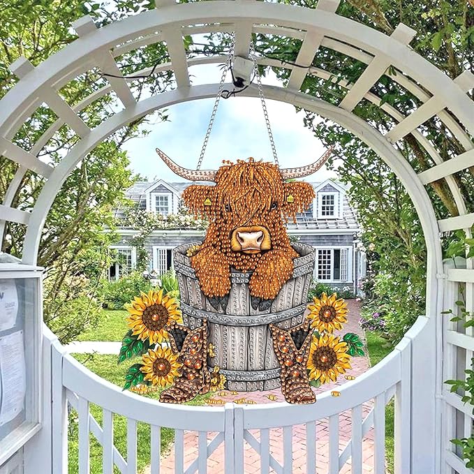 Wergund 5D DIY Cow Diamond Art Hanging Kits, Hanging Diamond Art Sunflower, Acrylic Special Shaped Rhinestone, Window Hanging Pendants for Home Wall Garden Front Door Outdoor Decor Gift(Cow)