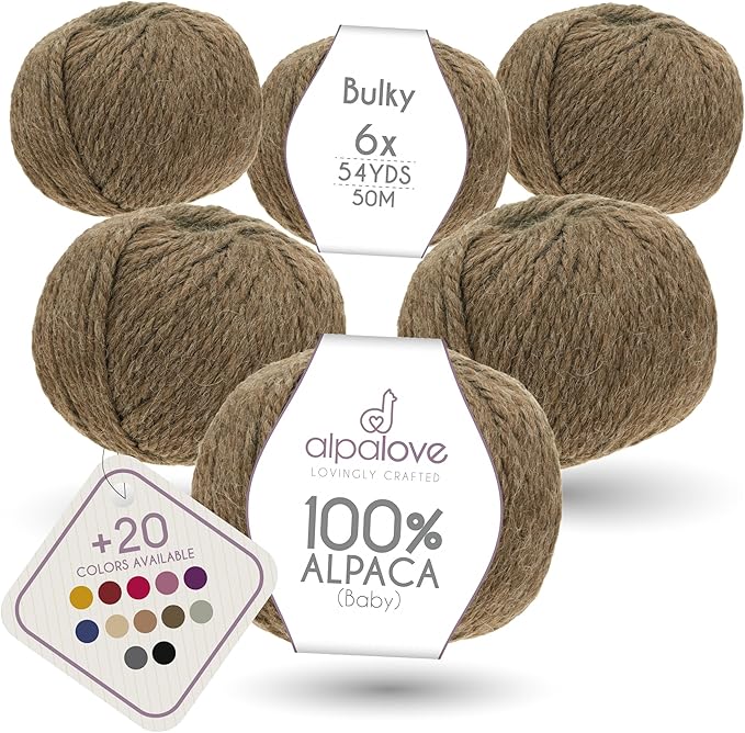 Bulky Set (6 x 1.75 oz) Super Soft Baby Alpaca Knitting Yarn Brown 328 Yards