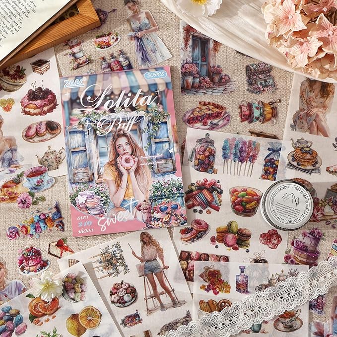 Stickers for Journaling, 20 Sheets Sweet Dessert Junk Journal Sticker, PET Washi Materials Scrapbooking Supplies for Adults, People Women Transparent Decorative Art Crafts