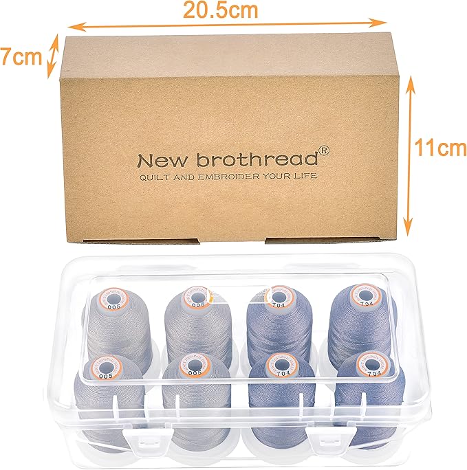 New brothread - 20 Options - 8 Snap Spools of 1000m Each Polyester Embroidery Machine Thread with Clear Plastic Storage Box for Embroidery & Quilting - 4xSilver+4xPewter