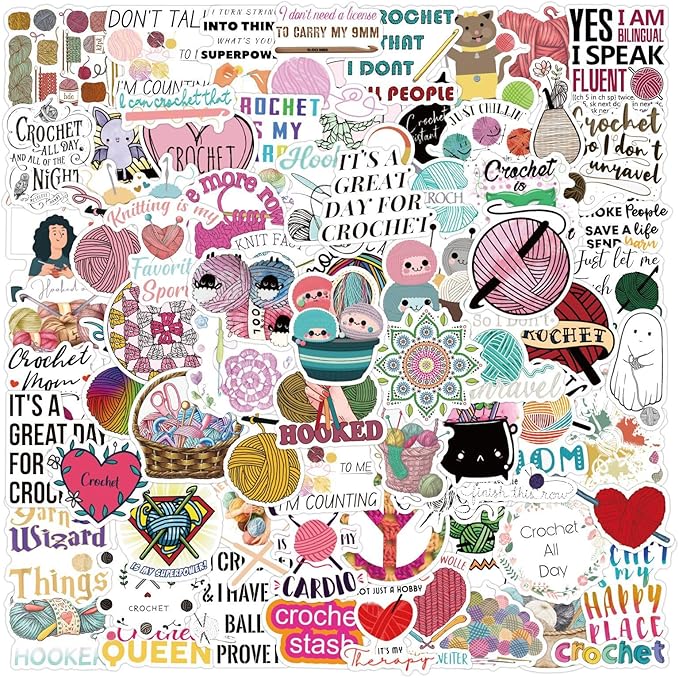Retro Crochet Stickers,100 Pcs Cute Knitting Tool Decals, Waterproof Vinyl Stickers for Craft Journals, Sewing Boxes, Home Decor, Ideal for Crafters Adults(Crochet)