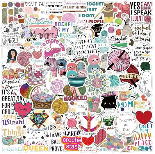 Retro Crochet Stickers,100 Pcs Cute Knitting Tool Decals, Waterproof Vinyl Stickers for Craft Journals, Sewing Boxes, Home Decor, Ideal for Crafters Adults(Crochet)