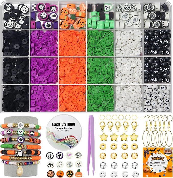 WANSPOORTS 3200+pcs Halloween Polymer Clay Beads Charms Friendship Bracelet Necklace Earring Jewelry Making kit, Accessories for Arts Crafts DIY Gifts for Women Girls (Halloween (3200+Pcs))
