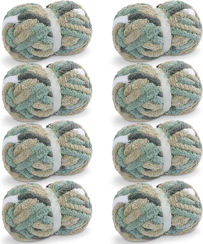 Maboozo Tie Dye Chunky Yarn 8 Pack, Grey, Green, White Fluffy Jumbo Chenille, Soft Plush Bulky, Giant Thick Fuzzy Yarn for Crocheting, Hand Knitting or Arm Knitting (26 yds, 7.5 oz Each)