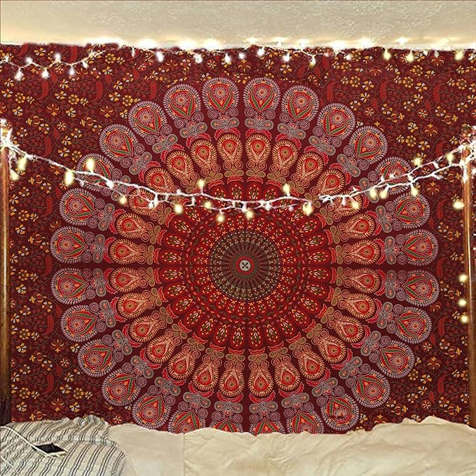 bless international handmade indian hippie bohemian psychedelic peacock mandala wall hanging college dorm beach throws table cloth bedding tapestry (maroon yellow, medium(54x60inches)(137x152cms))