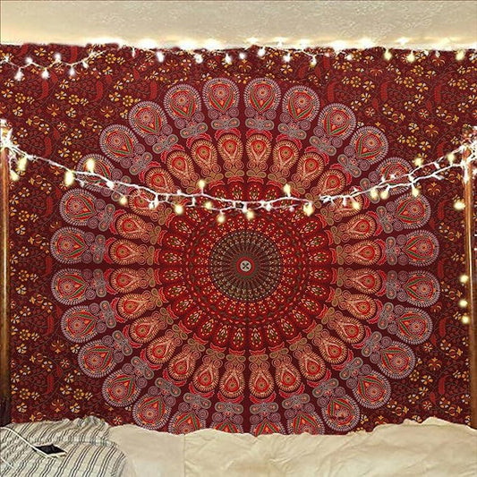 bless international handmade indian hippie bohemian psychedelic peacock mandala wall hanging college dorm beach throws table cloth bedding tapestry (maroon yellow, medium(54x60inches)(137x152cms))