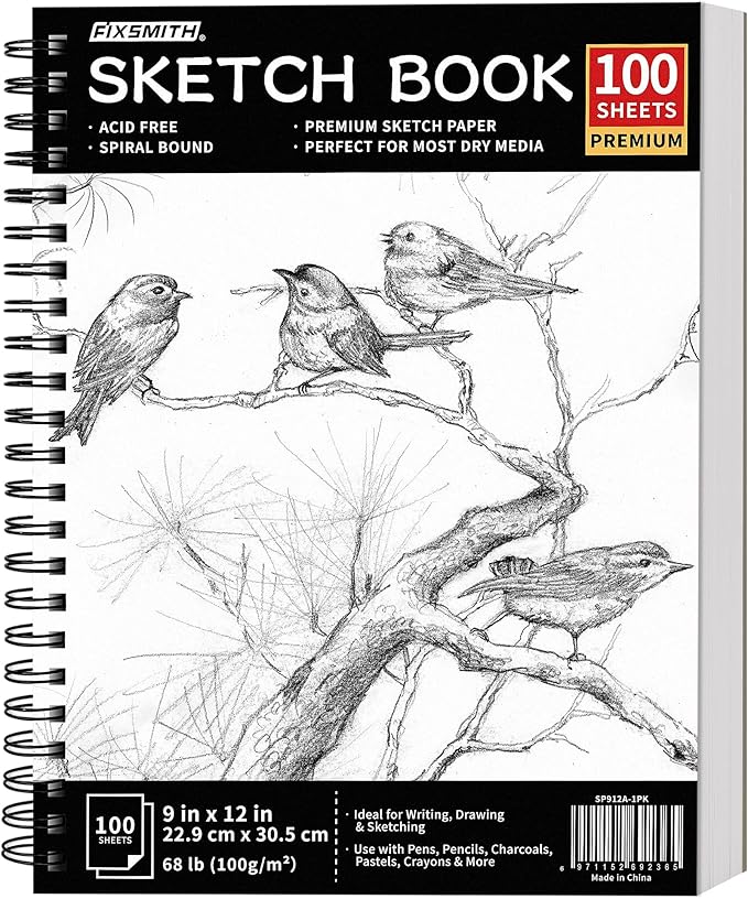 fixsmith 9"x12" sketch book | 100 sheets (68 lb/100gsm) spiral sketchbook | acid free drawing paper | sketch pad for kids,beginners,artists & professionals| bright white