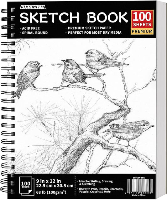 fixsmith 9"x12" sketch book | 100 sheets (68 lb/100gsm) spiral sketchbook | acid free drawing paper | sketch pad for kids,beginners,artists & professionals| bright white