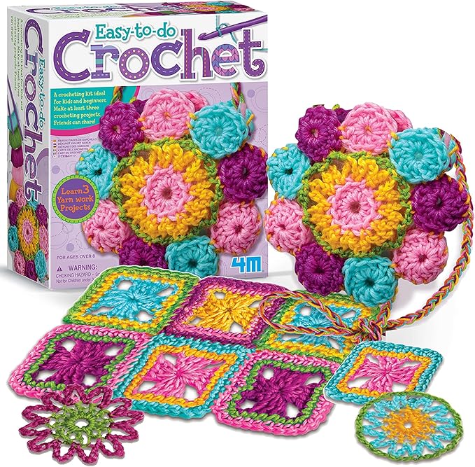 4M: Easy-to-Do Crochet - DIY Knitting Craft Kit, Learn 3 Yarn Work Projects, Create Coasters-Mini Bag-Placemat, All-in-1 Set, Beginners & Kids Ages 8+