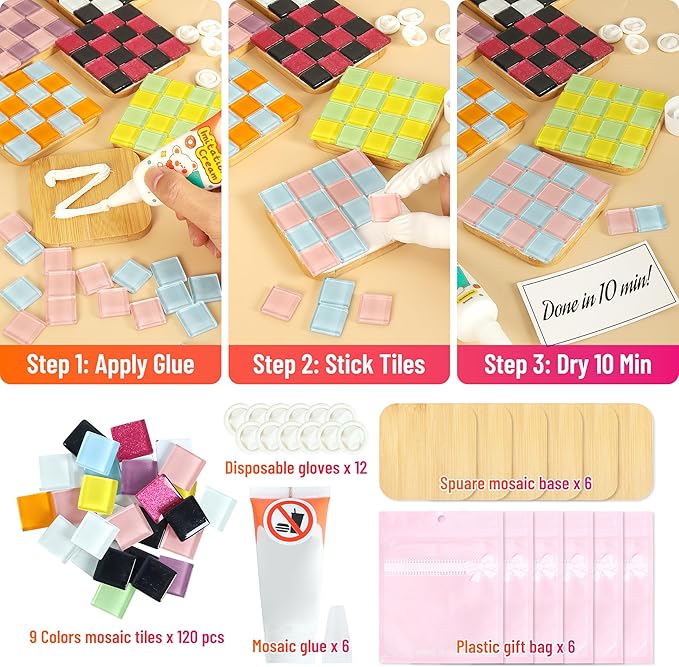 ZAIONE Mosaic Coaster Craft Kit: 6 Sets Easy DIY for Art Beginner Square Checkered Glass Tiles No Grout Needed - Craft Party Home Decor Gift