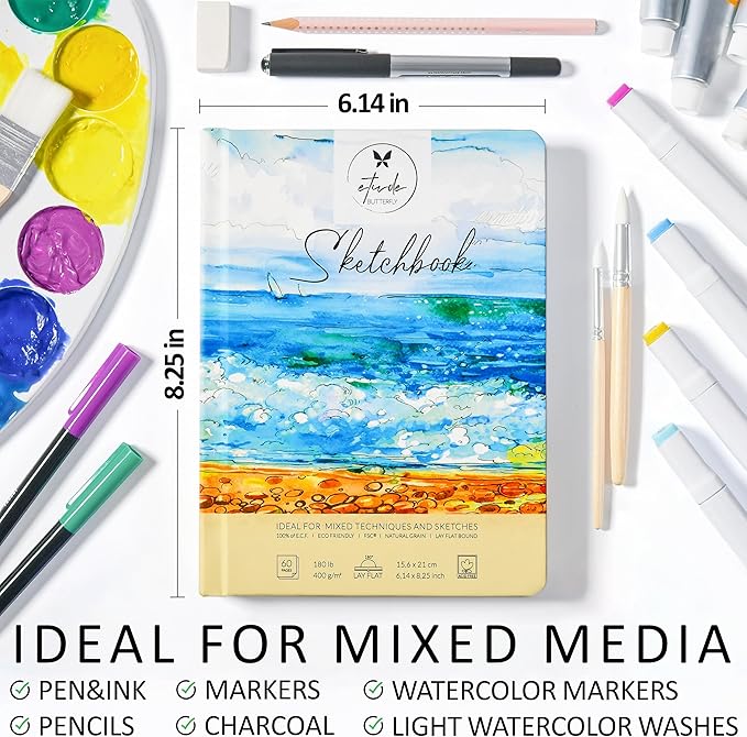 Mixed Media Sketch Book Hardcover 60 Pages Thick 400 GSM / 180 lb Acid Free Paper Lay Flat Bound for Drawing Painting 6,14“ x 8,25“ for Kids and Adults Beginners and Professionals Eco Friendly