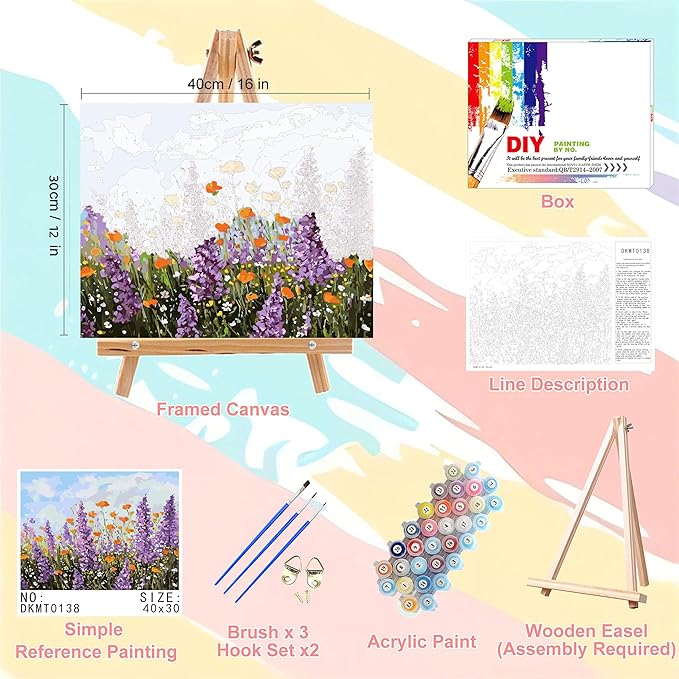 Flower Paint by Numbers for Adults with Framed Canvas-with Wooden Easel,Paint by Number on Canvas Flowers,DIY Acrylic Oil Painting Kits with Brushes Nice Gift Box for Home Wall Decor(12x16inch)
