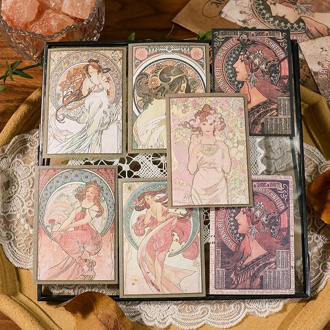 CATaireen Vintage Junk-Journal Mixed Paper Scrapbooking Embellishments Set Retro Journaling Decoupage Stickers Textured Packaging Decorative Cards Tags Kit (Old Lady)
