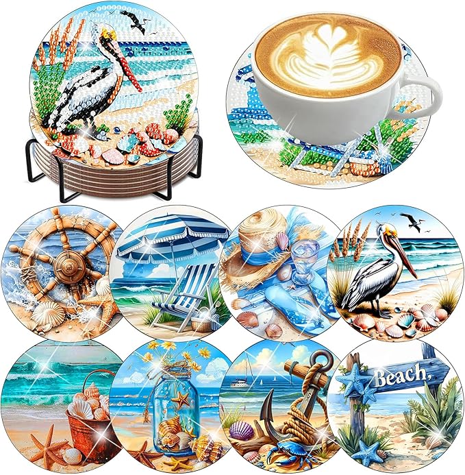 8 Pcs Beach Diamond Art Coasters Kit with Holder, DIY Beach Diamond Painting Coasters for Beginners Adults, Non Slip Diamond Art Kits Craft Supplies 4x4inch