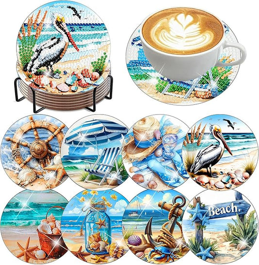 8 Pcs Beach Diamond Art Coasters Kit with Holder, DIY Beach Diamond Painting Coasters for Beginners Adults, Non Slip Diamond Art Kits Craft Supplies 4x4inch