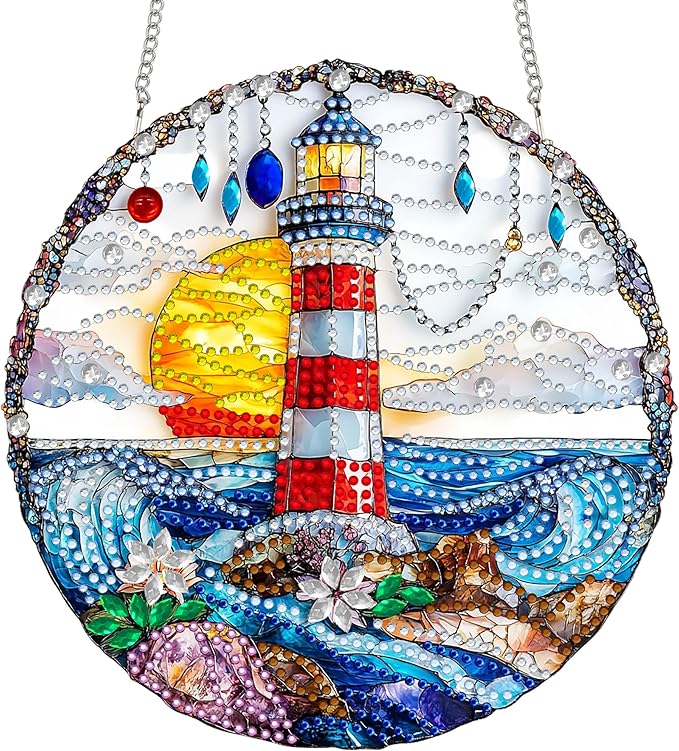 SKRYUIE Lighthouse Hanging Diamond Art Kits for Adults Pendant Suncatcher, Special Shaped Crystal DIY Pearl Diamond Painting Kit, Gift for Mother Spring Summer Window Wreath Decor 3.35 x 3.15 Inch A18