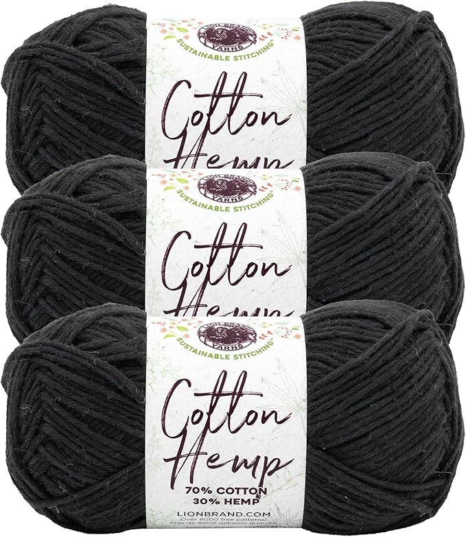 Lion Brand Yarn Cotton Hemp, Soft, Durable Yarn for Crochet and Knitting, 3 Pack, Raven