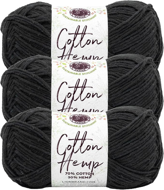Lion Brand Yarn Cotton Hemp, Soft, Durable Yarn for Crochet and Knitting, 3 Pack, Raven