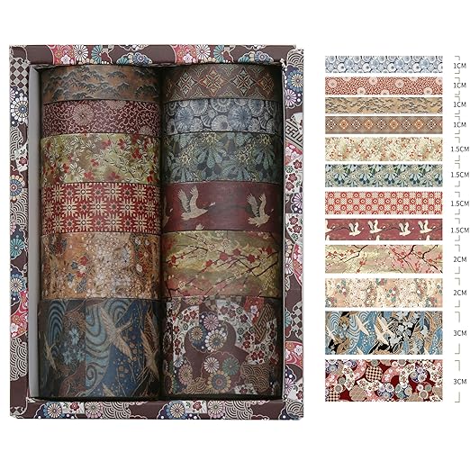 12 Rolls Kyoto Charm Washi Tape Set Japanese Arts Adhesive Tapes Geometric Garden Decorative Masking Tape Sets for Craft, Kids, Scrapbook, DIY, Gift Wrapping (Crimson Fields)