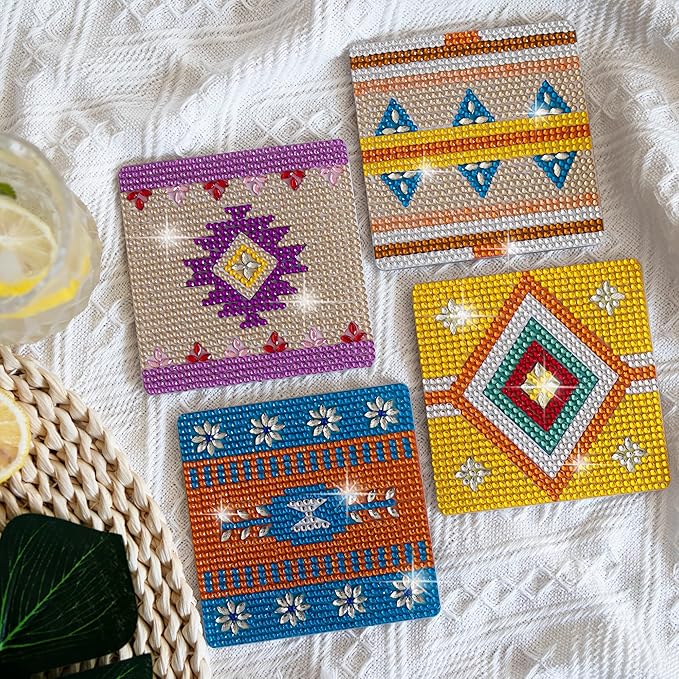 Temlum 6 Pcs Diamond Painting Coasters with Holder, Boho Diamond Coasters Small Diamond Painting Kits for Beginners, Adults Diamond Art Coasters Craft Supplies