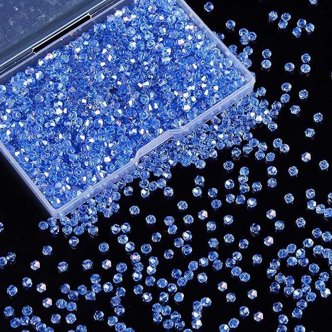 laopottbeads 1200pcs 3mm bicone crystal glass beads for jewelry making, sparkling mini beads for suncatchers, diy bracelets & craft projects (light blue)