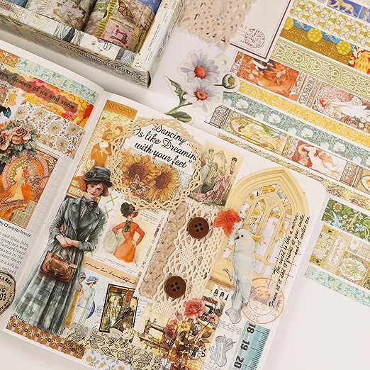 Vintage Washi Tape Set - 24 Rolls Arts Adhesive Tapes Assorted Retro Decorative Masking Tape Sets for Craft, Kids, Scrapbook, DIY, Gift Wrapping (4-Nature Journal)