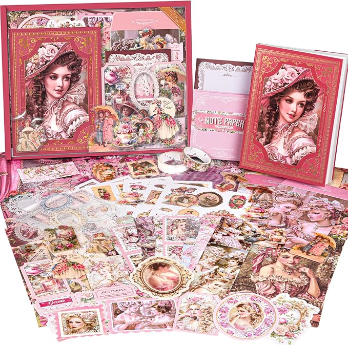 Scrapbooking Supplies Kit, Vintage Junk Journal Supplies, Scrapbook Kit with Aesthetic Ephemera Sticker, Cute Stationary Set, Bullet Journaling Kit, Collage Craft Supplies Gift for Adult Women Starter