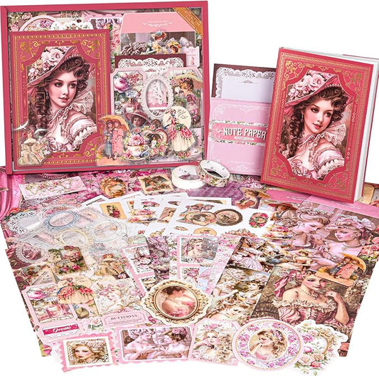 Scrapbooking Supplies Kit, Vintage Junk Journal Supplies, Scrapbook Kit with Aesthetic Ephemera Sticker, Cute Stationary Set, Bullet Journaling Kit, Collage Craft Supplies Gift for Adult Women Starter