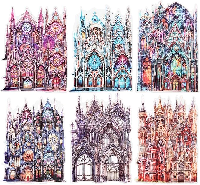 60PCS Moonlight City PET Stickers, Large Gothic Castle Stickers for Scrapbooking, DIY Crafts, Journaling, and Junk Journal Ephemera with Organizer
