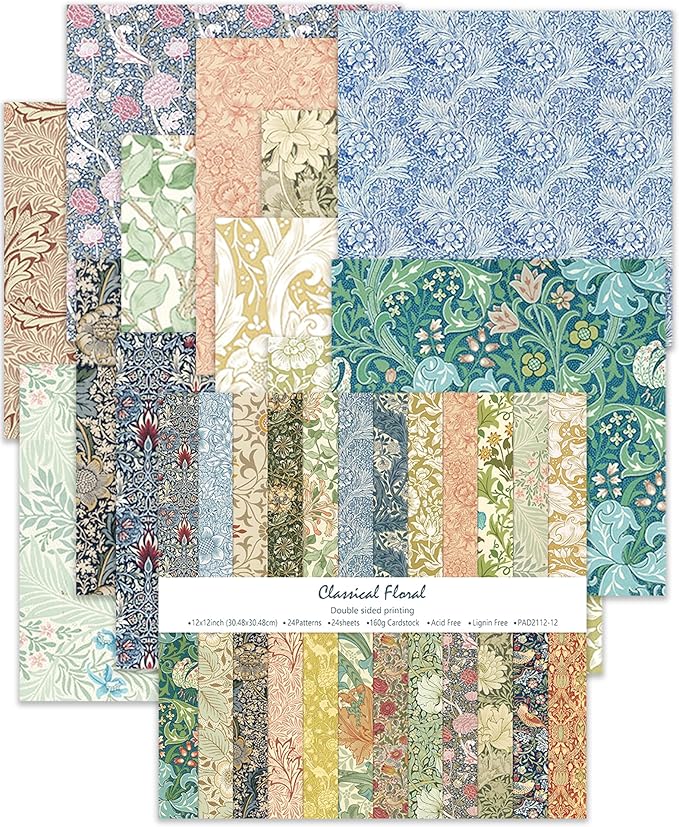 24 Sheets Scrapbook Paper 12" Double-Sided Photo Backdrop Bohemian Patterned (Floral Design J)
