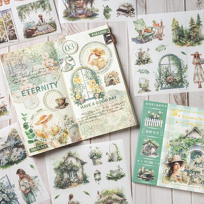 Garden Journal Stickers, 50 Sheets Washi Junk Journaling Sticker Book, Scrapbook Supplies, Watercolor Scrapbooking for Adults, Green Decorative Ephemera Arts Craft