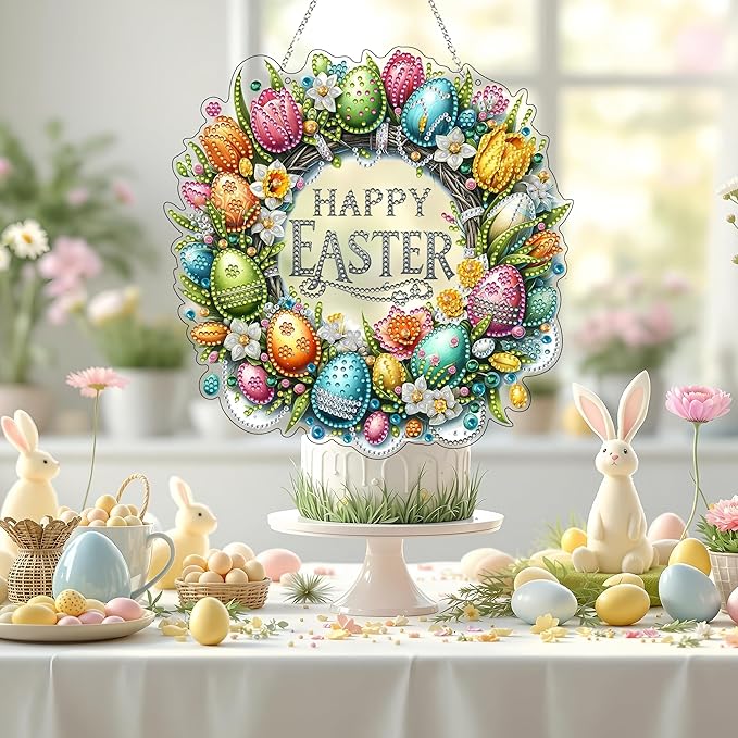 DIY Acrylic Diamond Art Painting Wreath Kits Special Shaped Rhinestone 5D Diamond Art Window Pendants Home Garden Wall Hanging Kits Hanging Ornament (Easter Wreath)