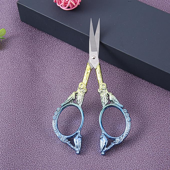 Crochet Scissors with Cover – Blue Gold Vintage Small Embroidery Scissors, Sharp Craft Scissors for Yarn Thread Sewing Needlework, Cute Bird Design Gift for Crocheter Quilter, 4.5 Inch