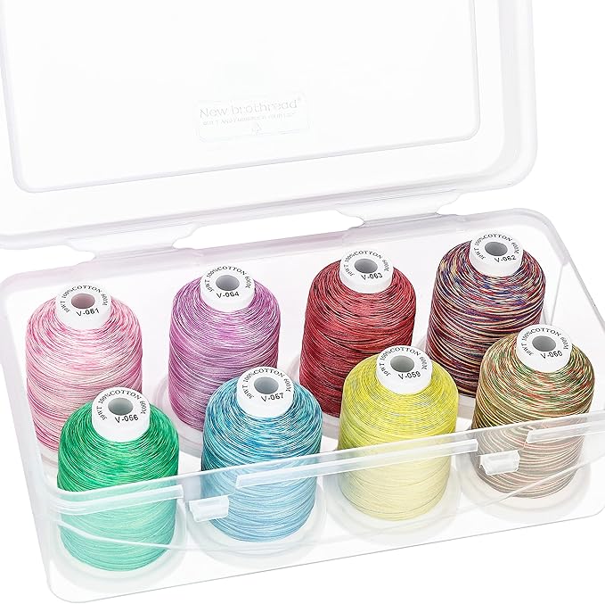 New brothread - 18 Options - Multi-Purpose 100% Mercerized Cotton Thread 50S/3 600M Each Spool for Quilting, Serger, Sewing and Embroidery - 8xVariegated Colors-1 with Clear Plastic Storage Box