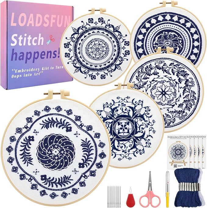 LOADSFUN 5 Pieces Embroidery Kit for Beginners, Cross Stitch Kits with Stamped Patterns,Hoop,Threads,Needle Threader Needlepoint Kits Crafts for Adults Step by Step Instructions Video