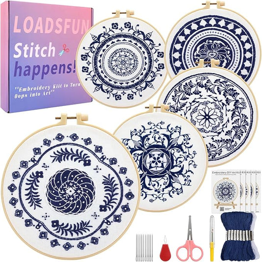 LOADSFUN 5 Pieces Embroidery Kit for Beginners, Cross Stitch Kits with Stamped Patterns,Hoop,Threads,Needle Threader Needlepoint Kits Crafts for Adults Step by Step Instructions Video