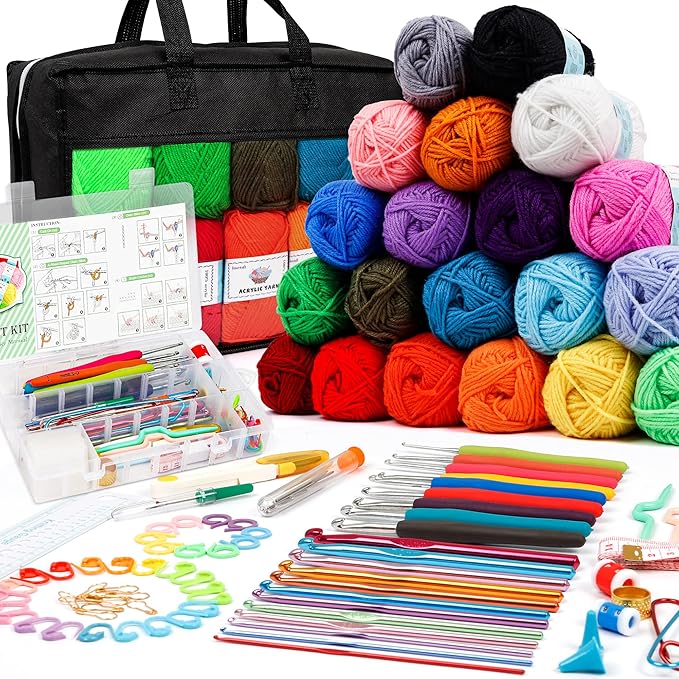 20 Large Acrylic Yarn Skeins-105 PCS Crochet Kit with Hooks Yarn Set, Premium Bundle Includes 2000 Yards Yarn Balls, Needles, Accessories, Ideal Starter Pack for Adults Beginner Professionals